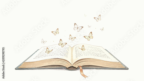 Gentle Watercolor Illustration of an Open Hardcover Book with Ribbon Bookmark, Delicate Pale Butterflies Rising From Printed Pages Against a Soft Off-White Background
