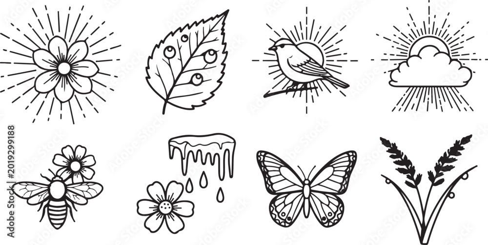 Fototapeta premium Butterfly insect vector icons set black and white line drawing Vector