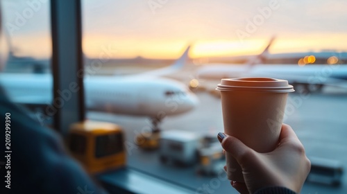 Hands holding coffee in an airport VIP lounge generative ai