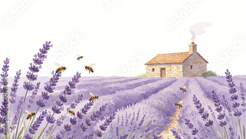 Delicate Watercolor Illustration of Rolling Lavender Fields, Tiny Stone Cottage, and Foraging Honey Bees, Serene Provencal Rural Landscape