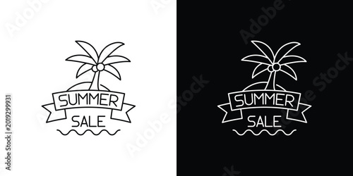 Quadro su tela Vector icon illustration of a tropical resort island paradise with palms and a s