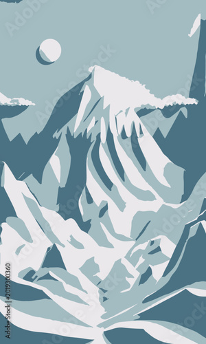 Canvas Print Snowy Alpine Mountain Peak Rising Over Cold Ridge.