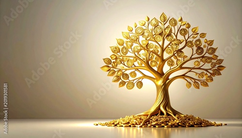 Gold tree of life with lush leaves on a soft background tree trunk prosperity metaphor business investment sculpture decorative lighting