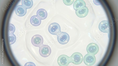 Microscopic View of Cell Division with Multicolored Cells Undergoing Mitosis in a Petri Dish Illuminated by Bright Light