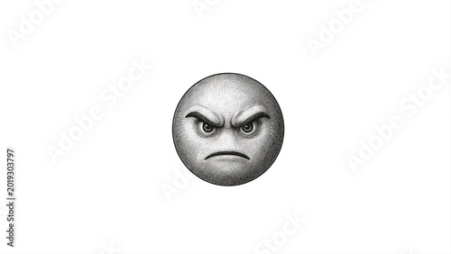 Картината върху платно Grayscale illustration of an angry emoji face with furrowed brows and a stern ex