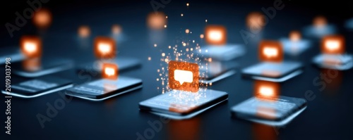 Digital particles symbolize communication and interaction, where messaging and chat form a conversation through a notification service interface.
