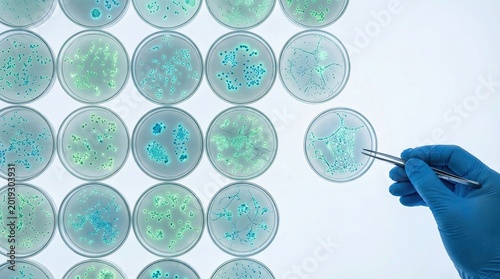 Innovative Microbiological Analysis in Laboratory with Petri Dishes and Blue Gloved Hand Using Tweezers for Scientific Research