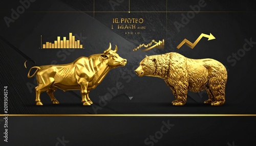 Golden bull and bear statues symbolizing stock market trends on a dark