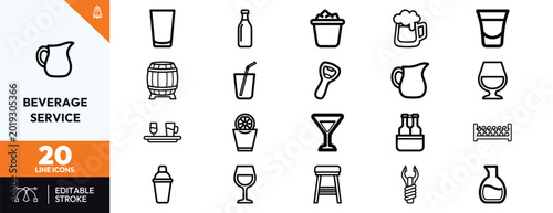 Foto Beverage service icons set line art minimal black white glass cup bottle coffee