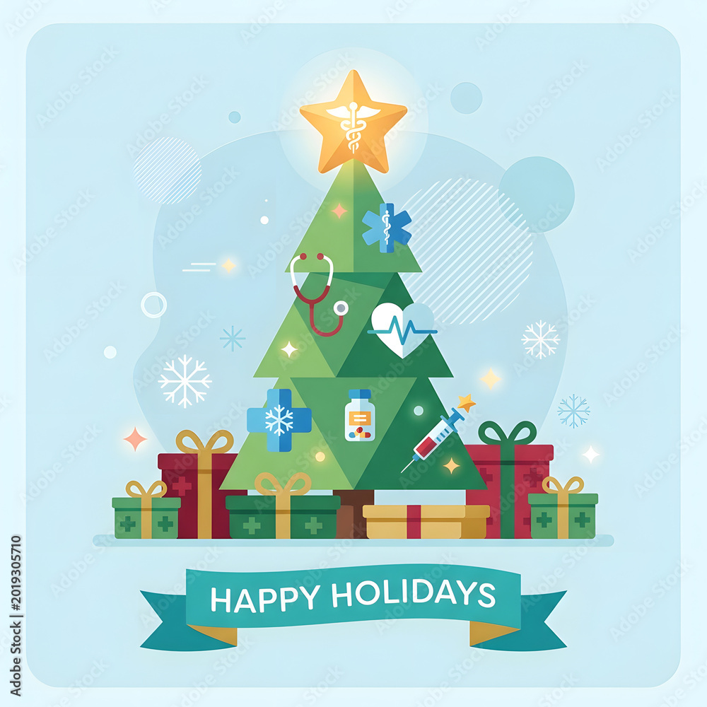 Fototapeta premium Festive christmas tree with gifts and holiday decorations on snowy background