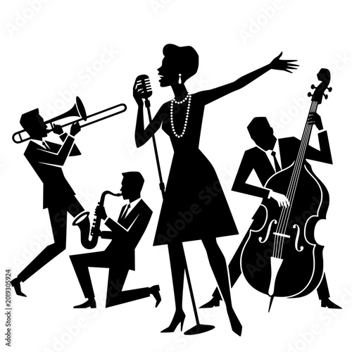 Foto Elegant mid-century jazz band silhouette featuring a female singer, double bass, saxophone, and trombone