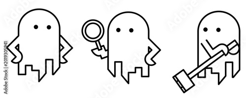 Photos Set of three cute minimalist ghost line art characters including one holding a magnifying glass and one with a shovel