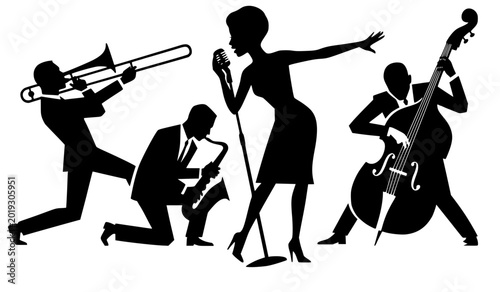 Tableau sur toile Elegant mid-century jazz band silhouette featuring a female singer, double bass, saxophone, and trombone