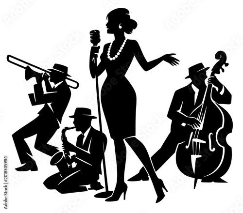 Bild auf Leinwand Elegant mid-century jazz band silhouette featuring a female singer, double bass, saxophone, and trombone