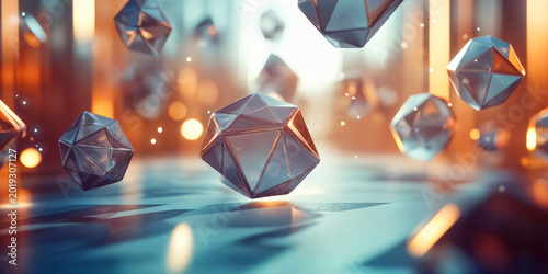 Floating Geometric Shapes with Glowing Light and Abstract Depth