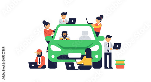 People Working Around Green Car.