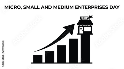 Black silhouette illustration of a growing business graph with a small shop on the top
