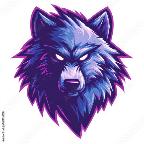 Fierce Blue Wolf Head Illustration with Glowing Eyes.