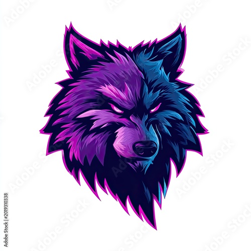 Vibrant Neon Wolf Head Illustration with Intense Expression.