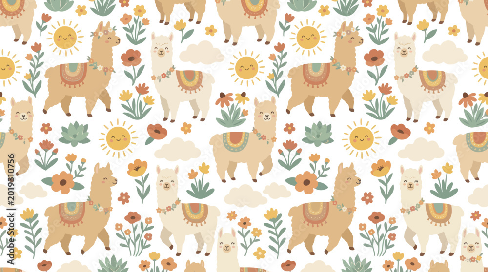 Fototapeta premium Cute Flat Cartoon Illustration of Boho Llamas, Flowers, and Suns - Seamless Pattern for Children's and Nursery Textile Design