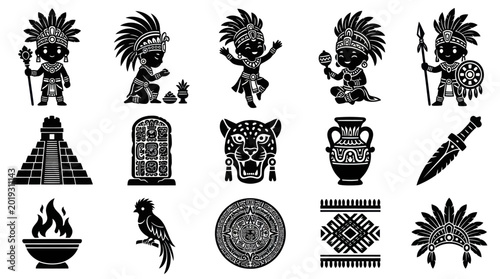 Maya Civilization Icons: Tribal Warrior, Pyramid, Jaguar, Bird, Artifacts, Glyph - Black and White Vector Art