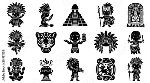Mayan Civilization Icons Set: Warriors, Pyramids, Jaguar, Culture, Glyph, Black  White Vector Art