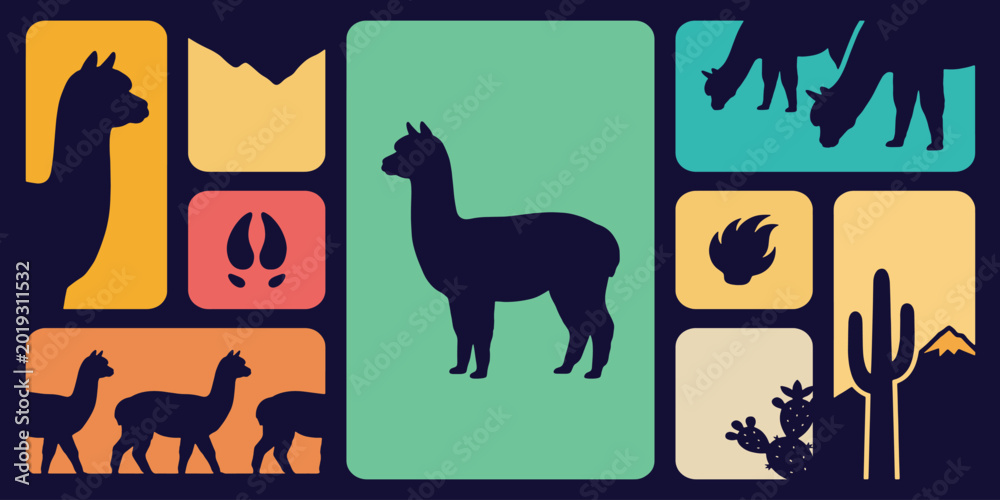 Fototapeta premium Stylized illustration of alpacas and desert elements in a colorful grid pattern.