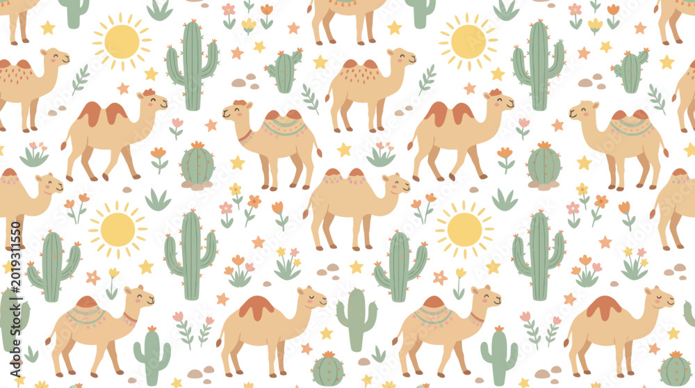 Fototapeta premium Cute Cartoon Camel Desert Cactus Sun Seamless Pattern Flat Vector Art