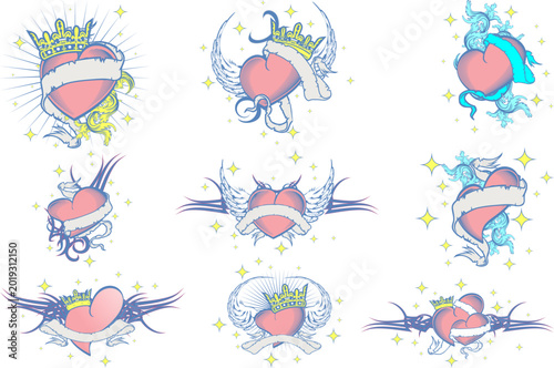 vintage tattoo heart collection in kawaii pastel colorful old school style in vector art