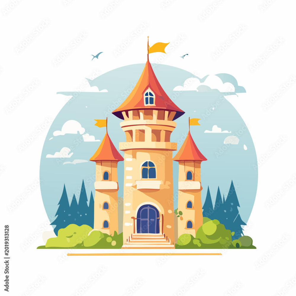Fototapeta premium Cartoon Castle with Flags and Trees