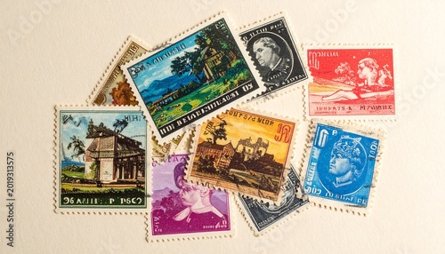 Vintage postage stamps scattered in flat lay arrangement on neutral background