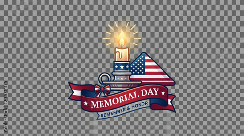 Schilderij op canvas Memorial day tribute icon with candle american flag and banner on transparent ba