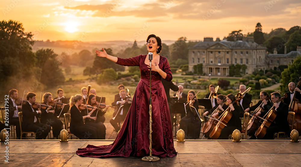 Fototapeta premium Soprano sings dramatically with orchestra at sunset outside mansion