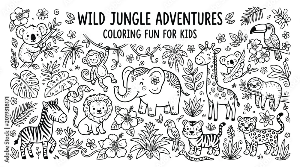 Obraz premium Detailed black and white coloring page featuring a collection of cute jungle animals including an elephant giraffe lion monkey and zebra for children to enjoy creative artistic expression and fun
