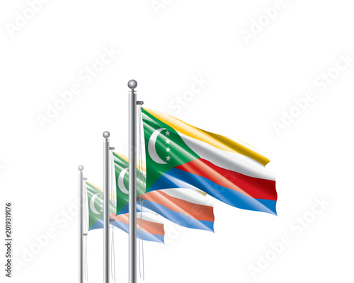 Tableau sur toile Brightly shining Comoros flags wave proudly on tall masts during official celebr