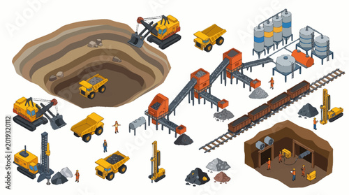 Schilderij op canvas Mining Industry Equipment and Operations Isometric Illustration.
