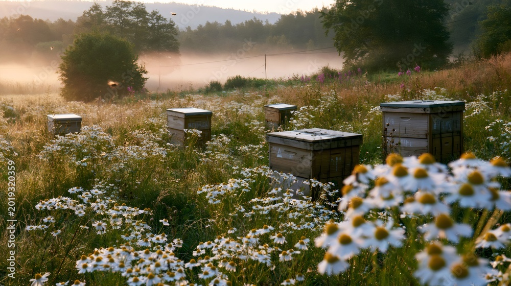 Naklejka premium Wooden beehives standing in daisy meadow at sunrise