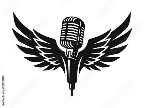 Vintage Microphone with Angel Wings Silhouette Vector