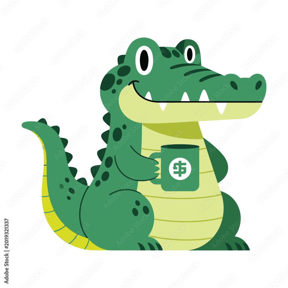 Fototapeta premium Cute Green Crocodile Character Holding a Coffee Mug with a Dollar Sign Symbol Isolated Design