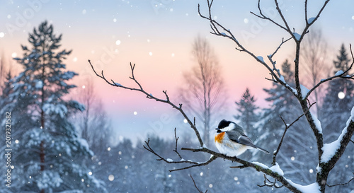 Winter bird perched on a snowy branch at sunset, small songbird in a frozen forest landscape, peaceful snowy woods with falling snowflakes