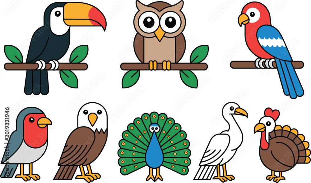 Fototapeta premium Cute Cartoon Bird Collection Featuring Toucan Owl Parrot Eagle Peacock and Farm Birds Vector Illustration