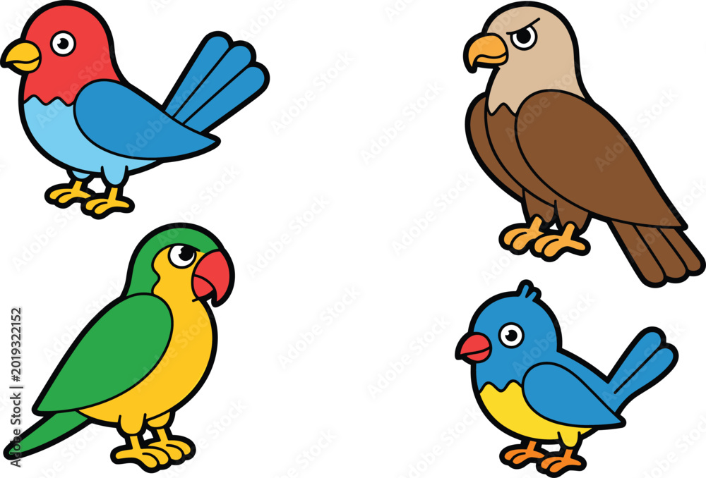 Fototapeta premium Cute Cartoon Bird Collection with Parrot Eagle and Colorful Flying Birds Vector Style Illustration