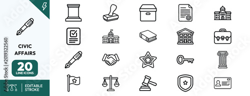 Konstfotografi Civic affairs icons set line art for public policy governance education presenta