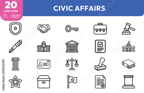 Foto Civic affairs icons line art set for government governance and public policy con