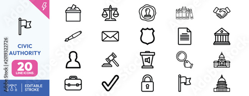Photos civic authority line icon set depicting governance and public administration in