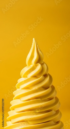 Bright yellow frozen dessert spirals upward against a solid matching background