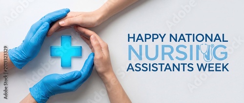 Happy national nursing assistants week banner with hands, gloves, and medical cross symbol