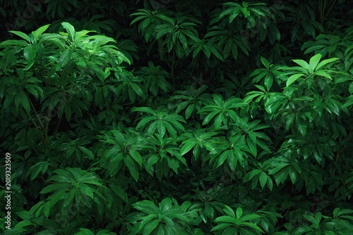 Lush Green Foliage in Dim Light