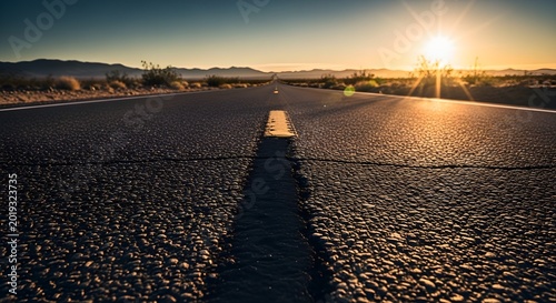 Golden Sunrise Illuminates Endless Desert Highway, Creating a Tranquil and Inspiring Path for New Beginnings and Vast Adventures Across an Open Landscape
