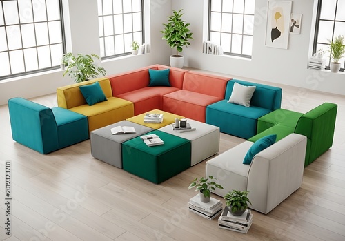 Modular seating arrangement features vibrant, colorful blocks forming a versatile sectional sofa in a bright interior space
